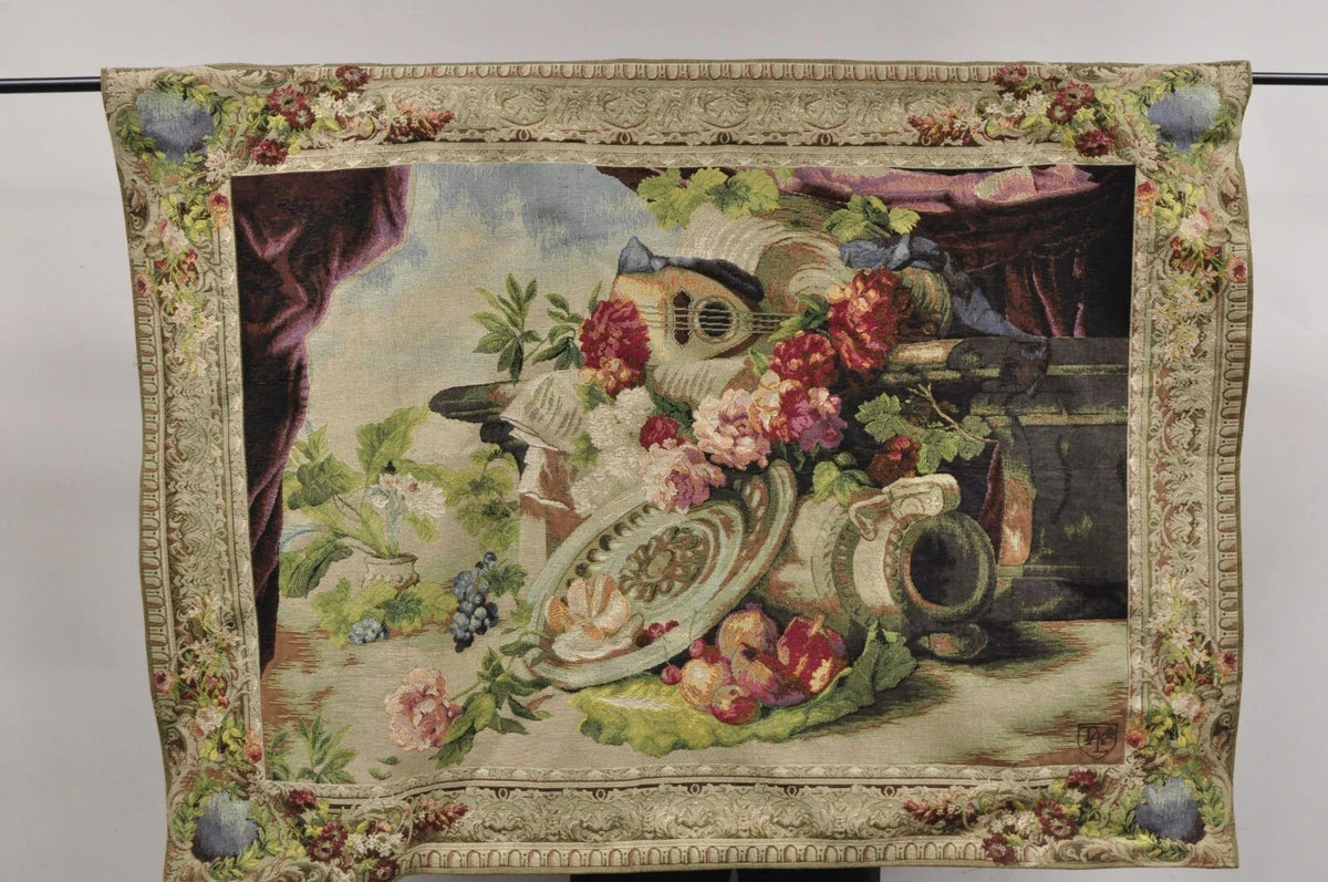 Jacquard Woven French Wall Tapestry Still Life Flowers & Mandolin by J&D