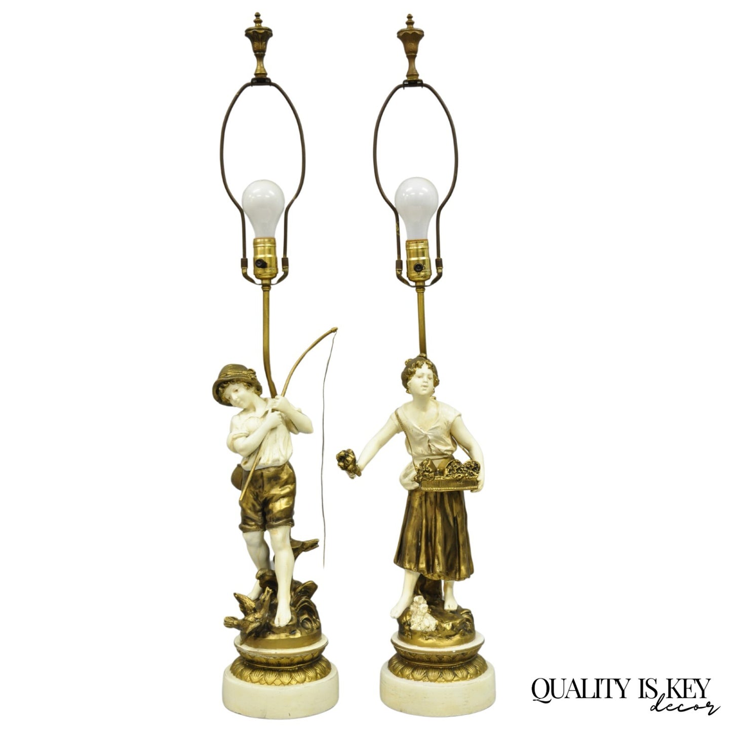 Antique French Victorian Moreau Figural Metal Boy and Girl Table Lamps - a Pair