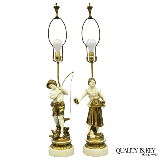 Antique French Victorian Moreau Figural Metal Boy and Girl Table Lamps - a Pair