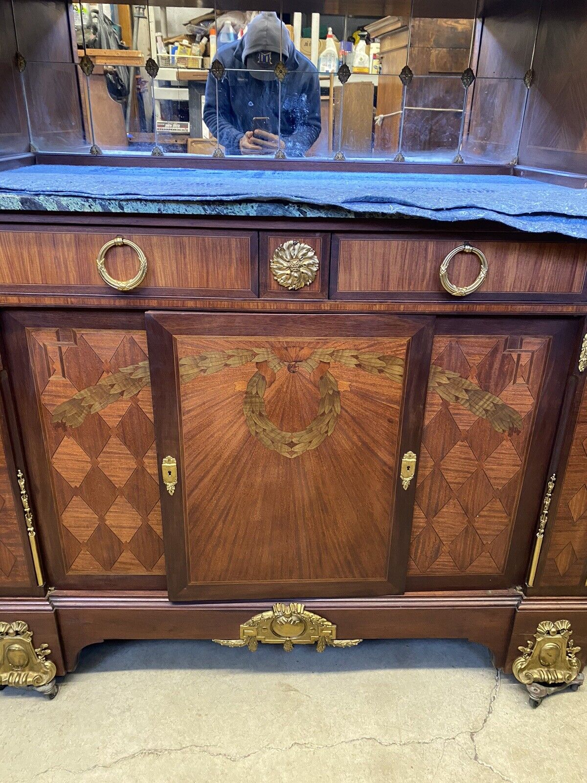 Antique French Louis XV Style Marble Top Bowed Glass Bronze Ormolu Sideboard