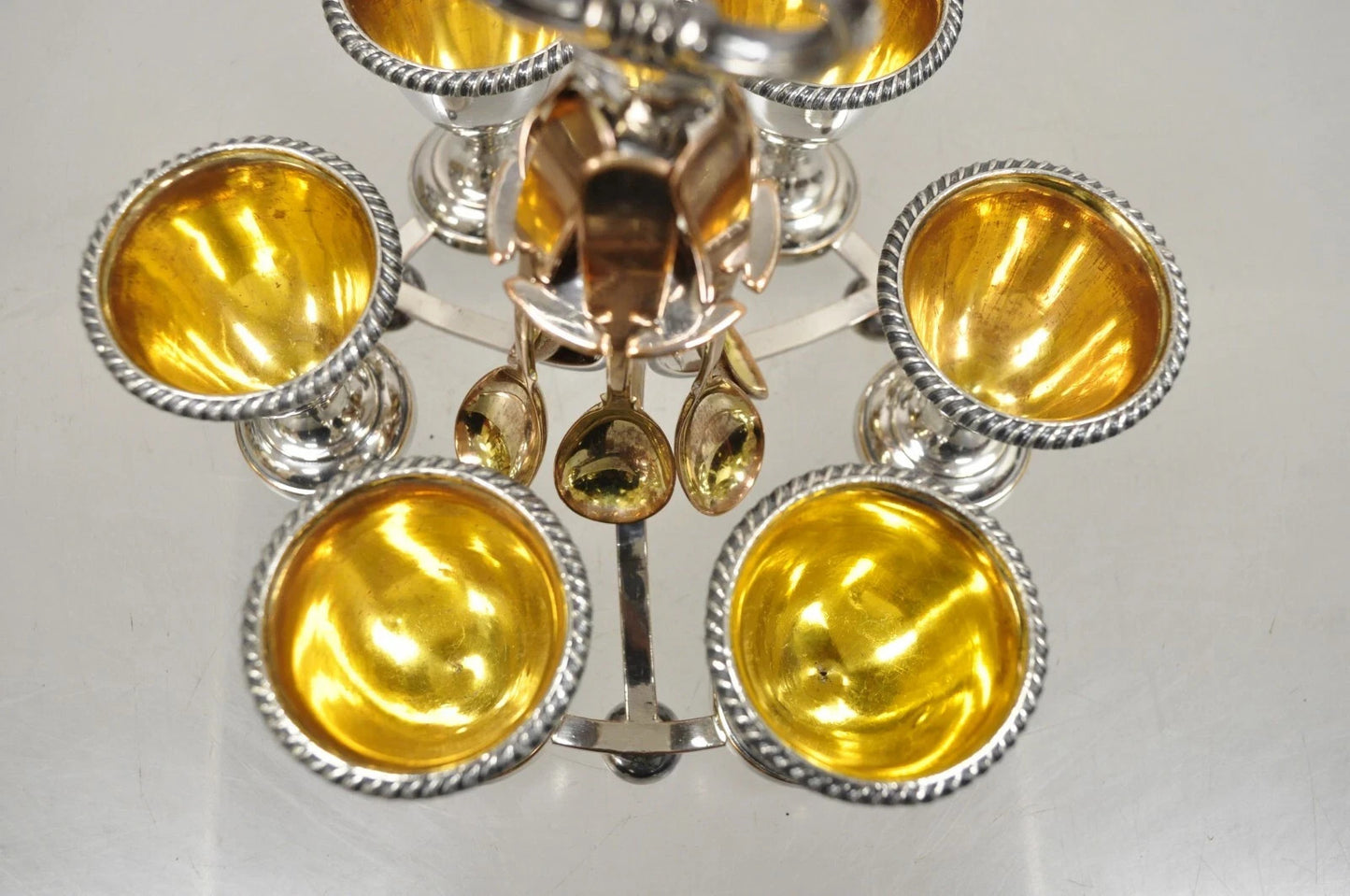 Antique English Victorian Silver Plated Egg Server w/ Spoon Set - Service for 6
