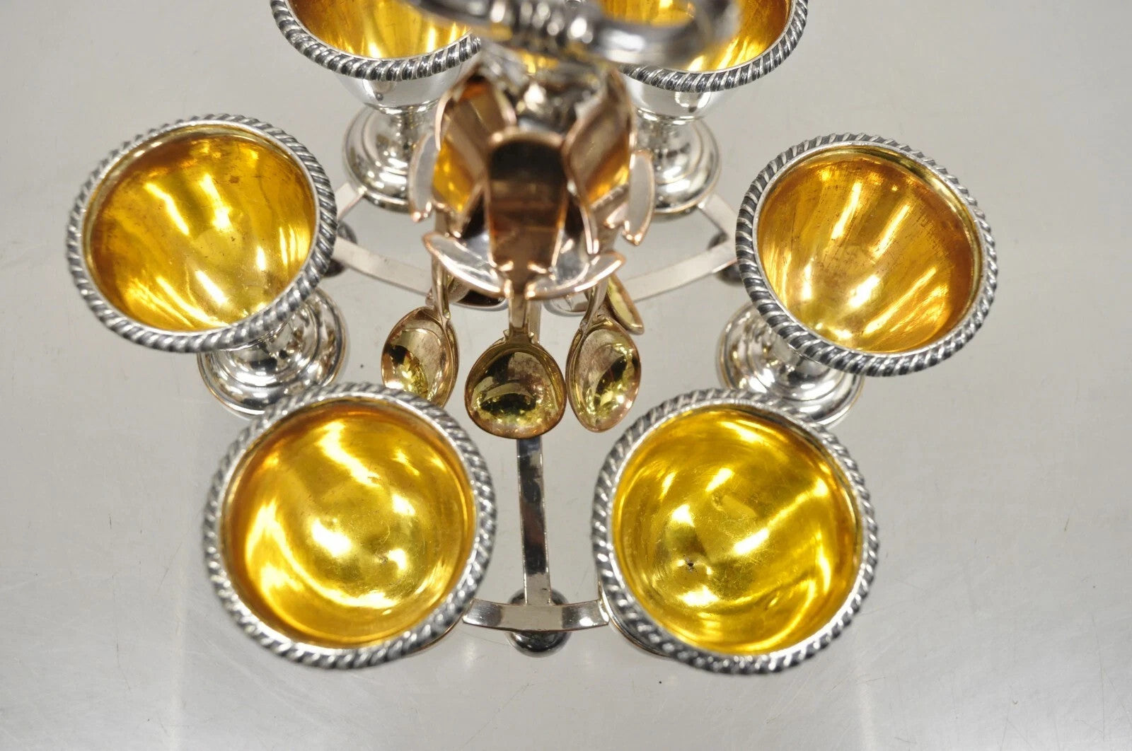 Antique English Victorian Silver Plated Egg Server w/ Spoon Set - Service for 6