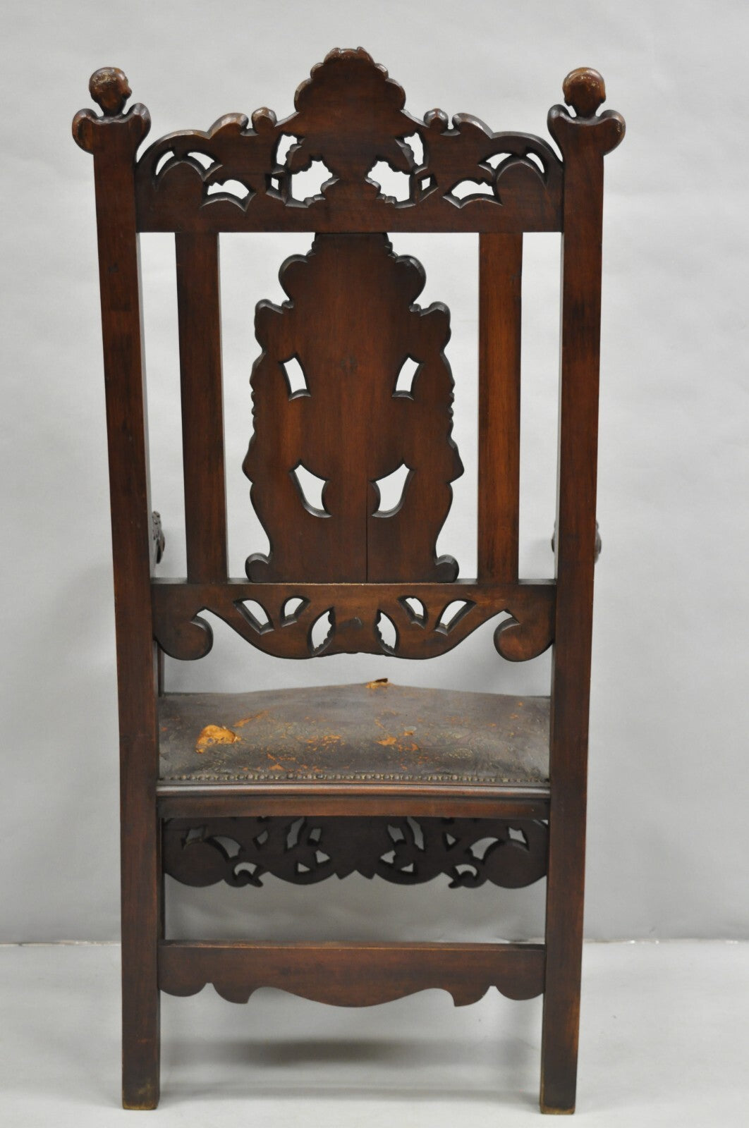Antique Italian Renaissance Carved Walnut Throne Arm Chair w/ Winged Cherubs