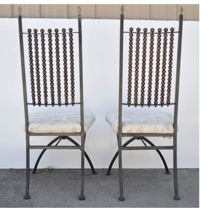 Hollywood Regency Wood Ball Abacus Wrought Iron Curule Dining Chairs - Set of 4