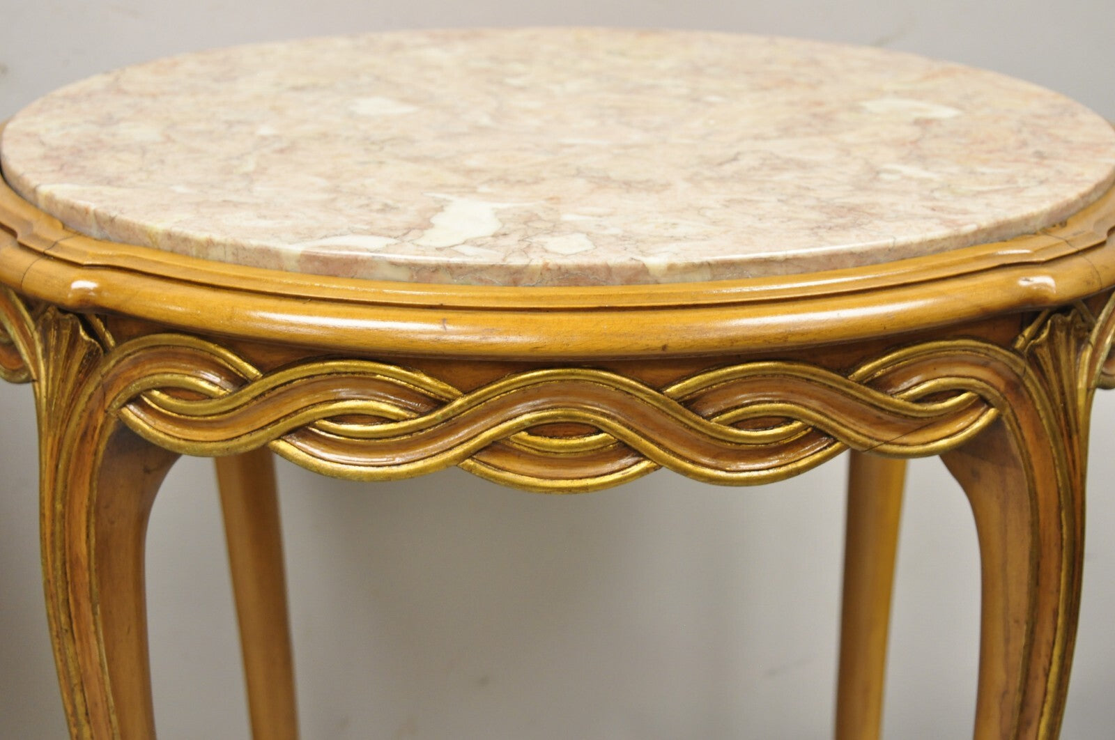 French Provincial Hollywood Regency Round Pink Marble Top Side Tables - a Pair