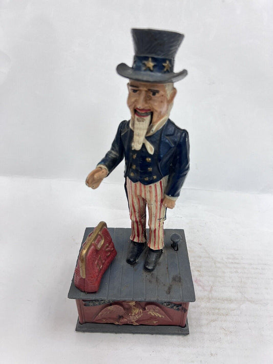 Vintage Cast Iron Still Bank Uncle Sam Novelty Bank Book of Knowledge