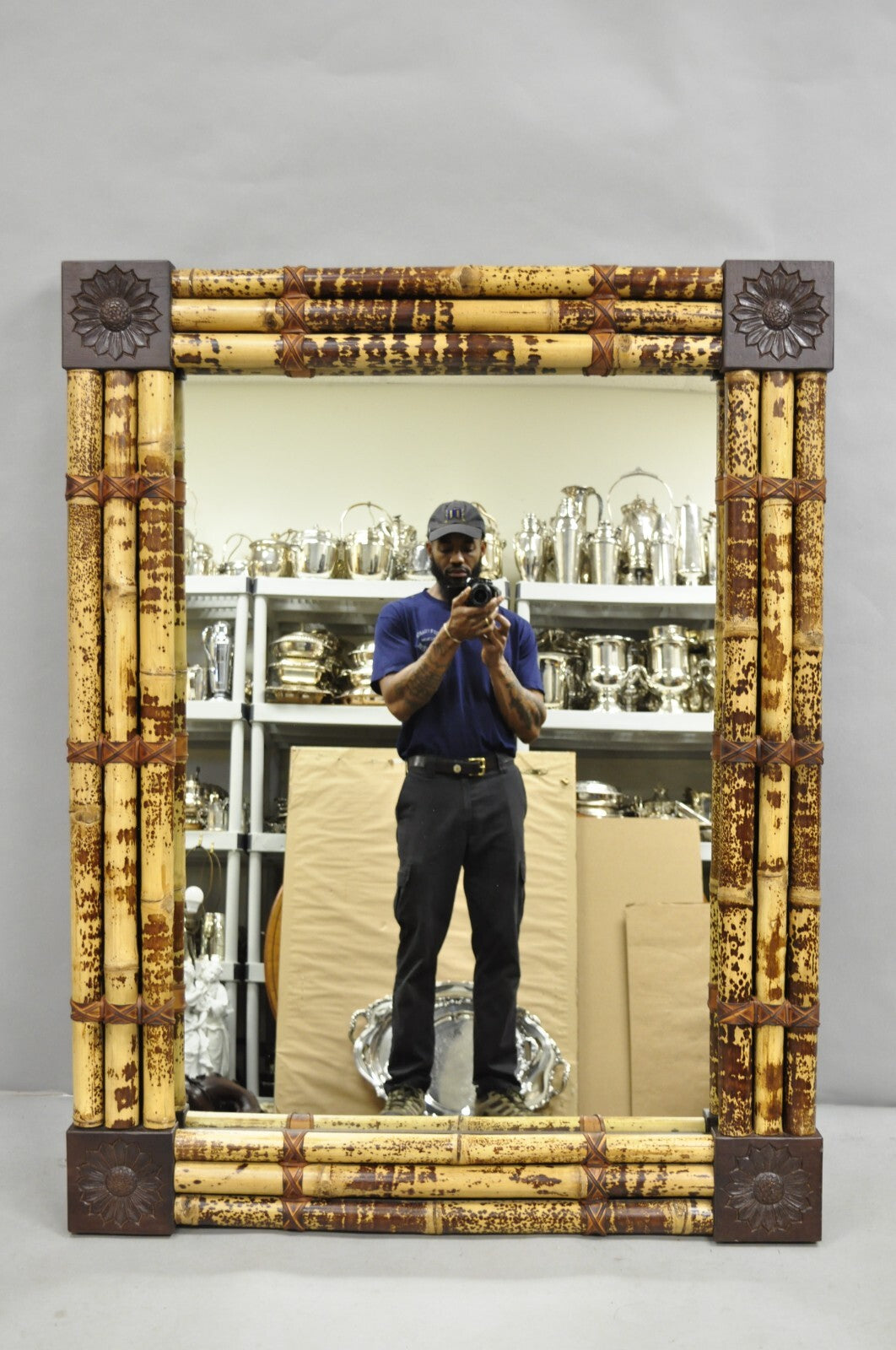 Hollywood Regency Large Bamboo Wood Frame Tropical 54" Rectangular Wall Mirror