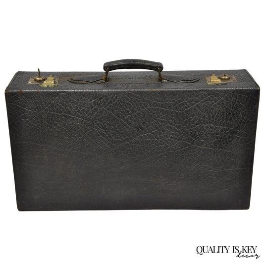 Vintage German Art Deco Dark Brown Black Buffalo Leather Travel Suitcase Luggage
