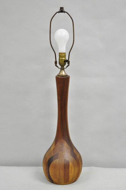 Vintage Mid Century Danish Modern Staved Teak Wood Sculptural Bulbous Table Lamp