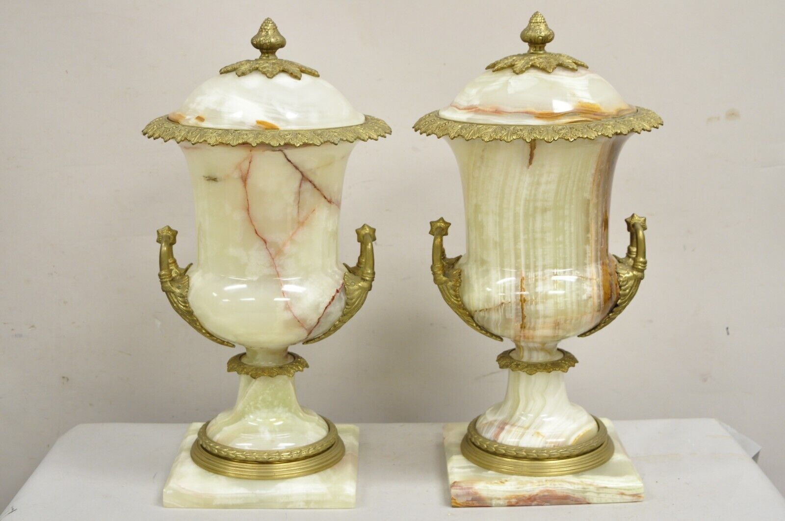 French Louis XVI Empire Style Onyx and Bronze Ormolu Large Lidded Urn - a Pair