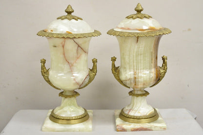 French Louis XVI Empire Style Onyx and Bronze Ormolu Large Lidded Urn - a Pair