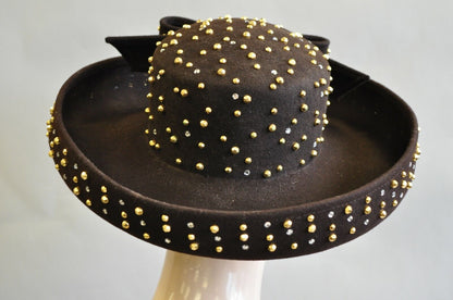 Vintage Jack McConnell Boutique Brown Wool Gold Silver Stud Wide Brim Derby Hat