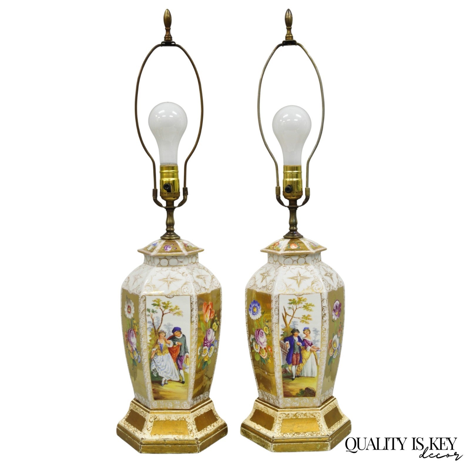 Antique French Victorian Hand Painted Gold Gilt Ginger Jar Table Lamps - a Pair