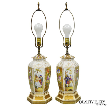 Antique French Victorian Hand Painted Gold Gilt Ginger Jar Table Lamps - a Pair