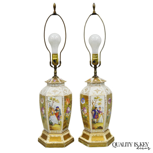 Antique French Victorian Hand Painted Gold Gilt Ginger Jar Table Lamps - a Pair