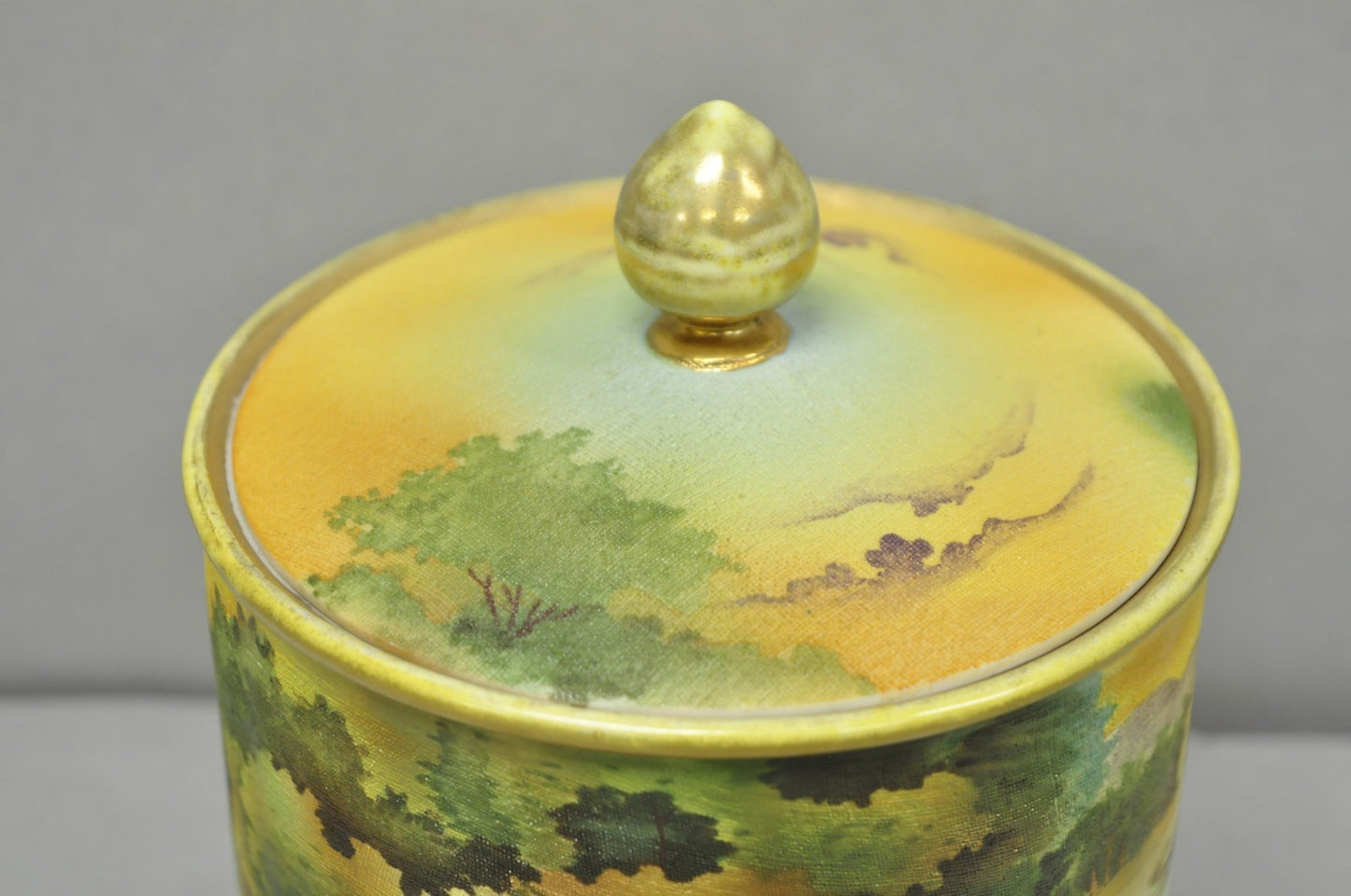 Antique Nippon Hand Painted Coralene Porcelain Lake Duck Scene Biscuit Jar
