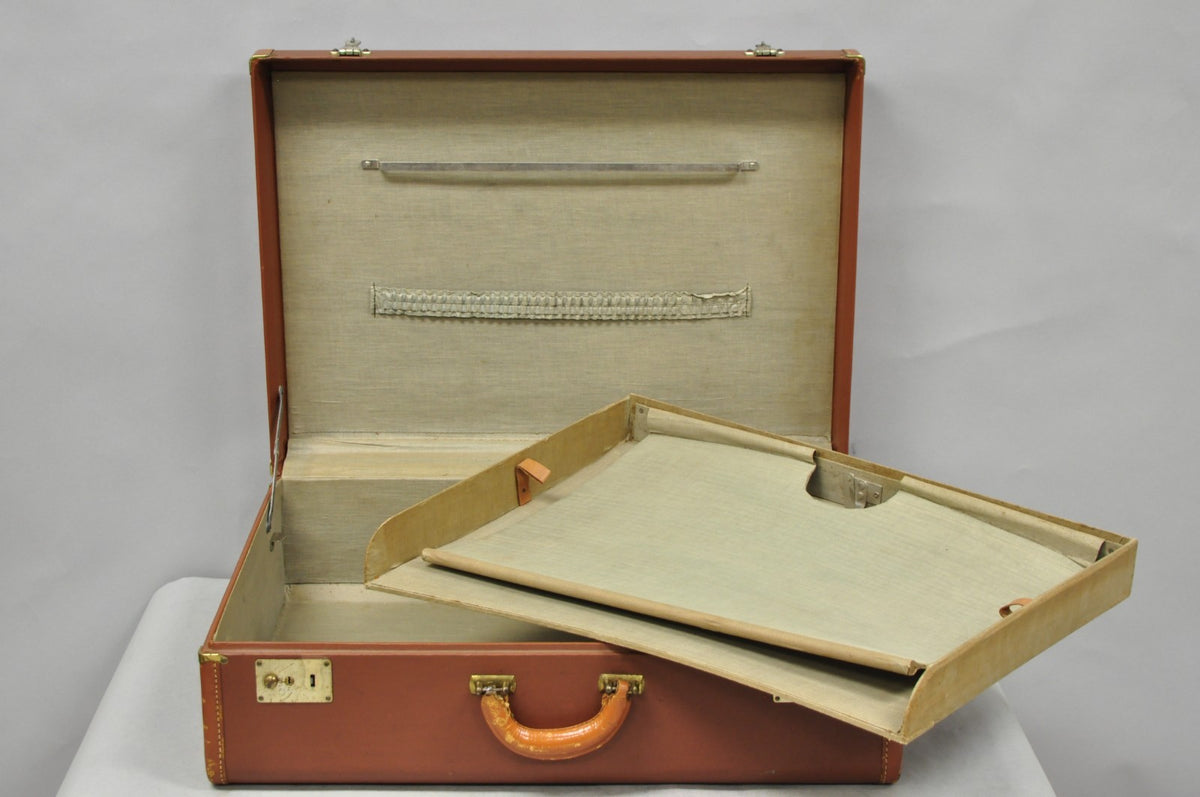 Vintage Art Deco Brown Hard Shell 24" Travel Suitcase Luggage w/ Fitted Interior