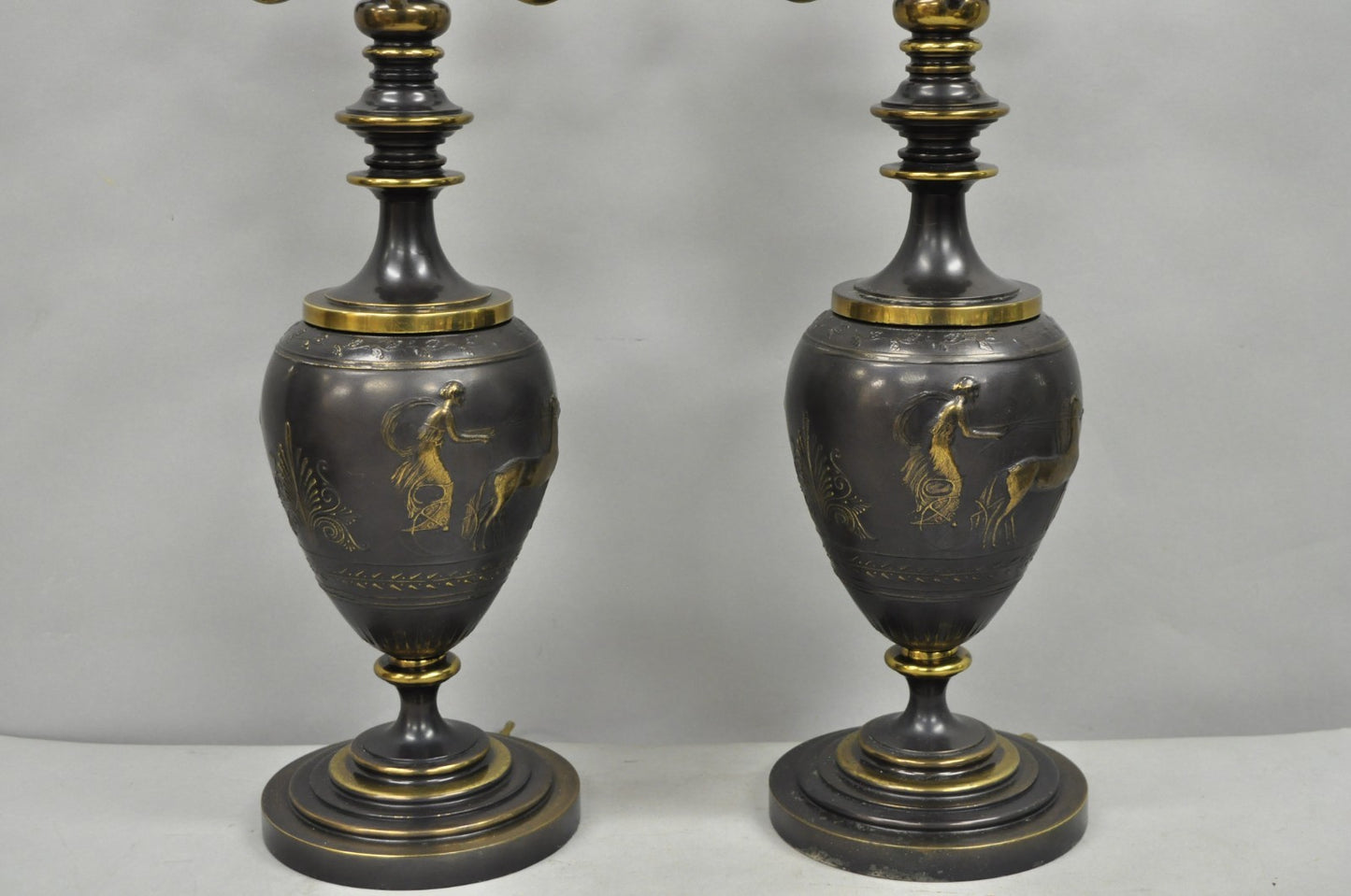 Antique Roman Neoclassical Bronze Finish Figural Candelabra Table Lamps - a Pair
