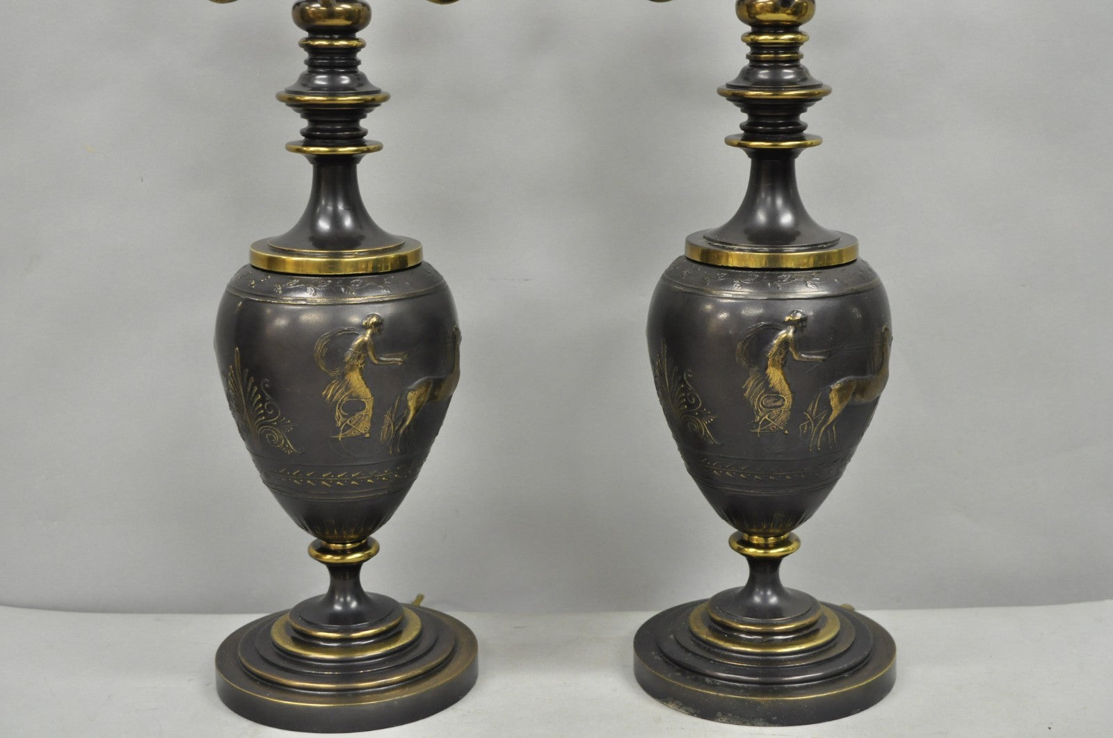 Antique Roman Neoclassical Bronze Finish Figural Candelabra Table Lamps - a Pair