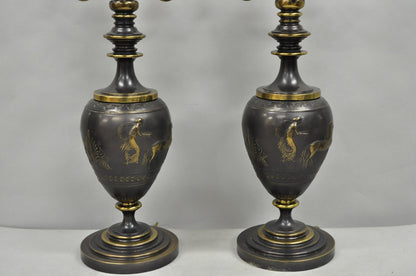 Antique Roman Neoclassical Bronze Finish Figural Candelabra Table Lamps - a Pair