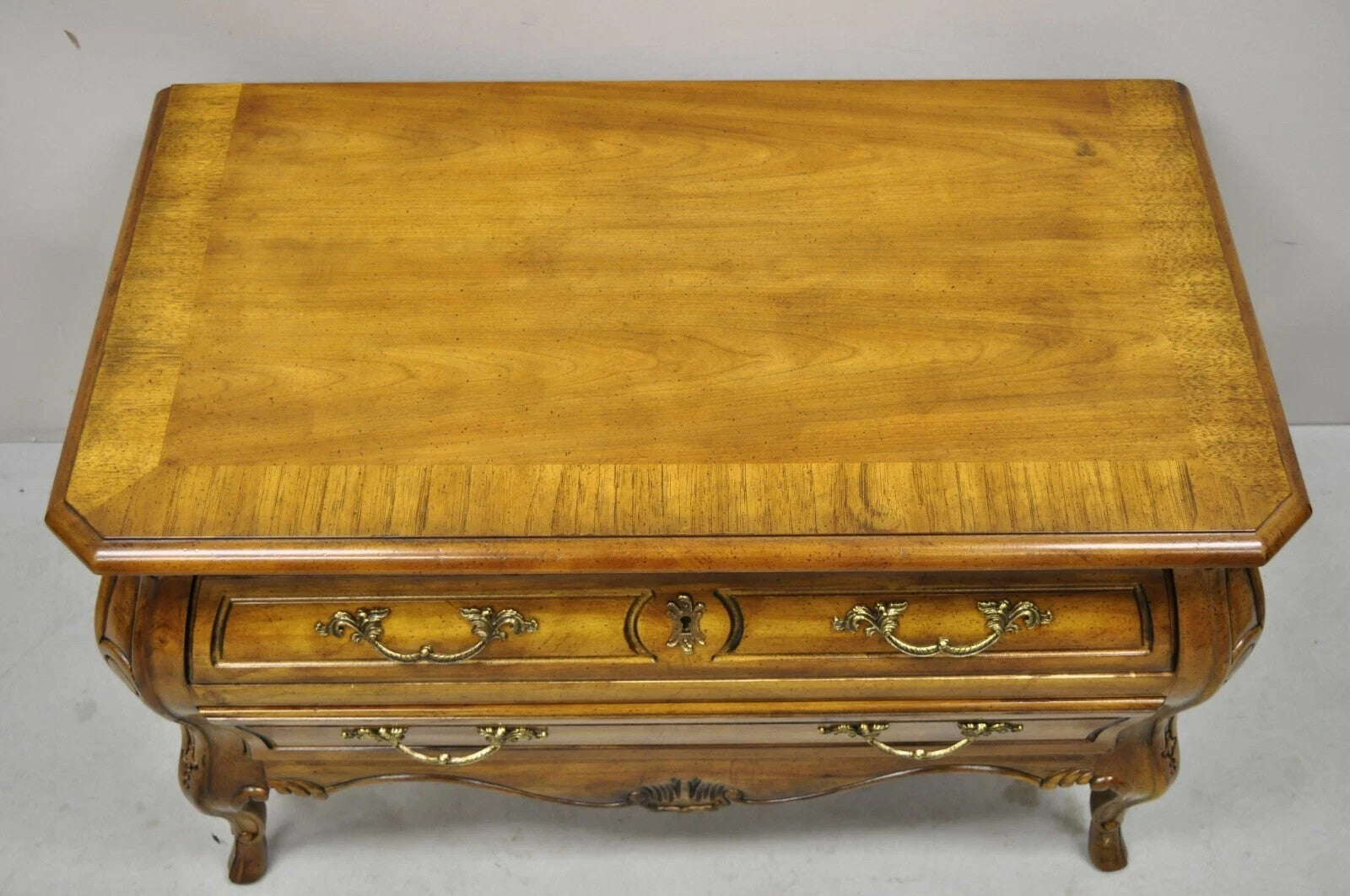 Drexel Heritage French Provincial Fruitwood Bombe Low Commode Nightstand Chest