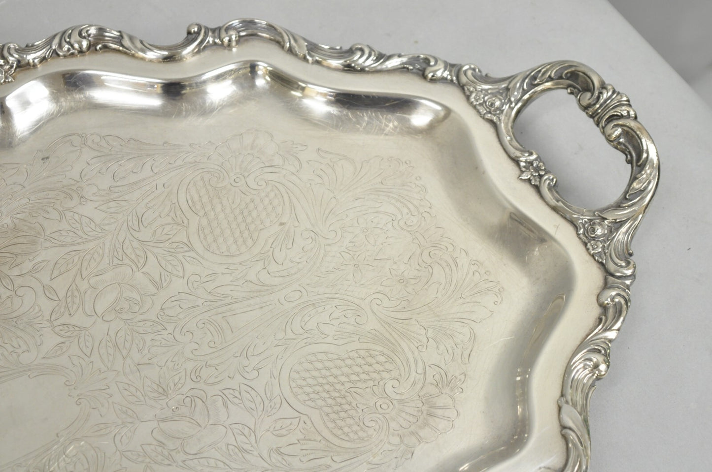 Antique Wallace Baroque Large 28" Silver Plated Serving Bar Tray w/ Handles