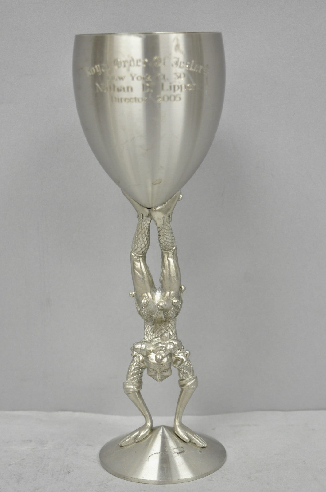 Vintage Royal Order of Jesters Figural Pewter Metal Award Goblet Chalice
