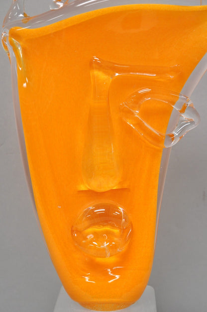 Ion Tamaian Postmodern Orange Blown Art Glass 20" Large Abstract Face Sculpture