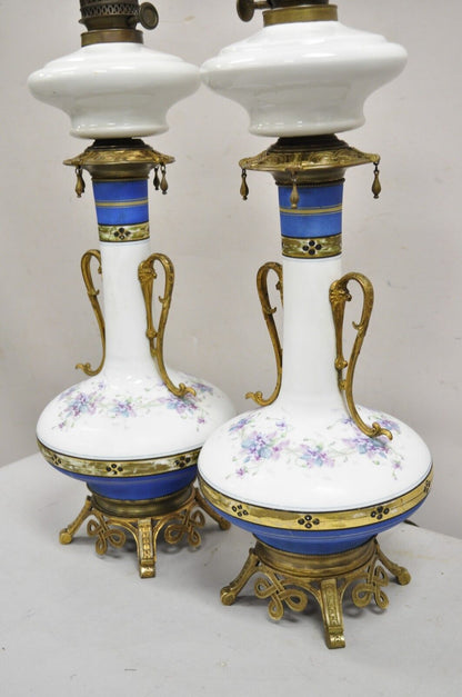 Antique French Victorian Porcelain German Oil Lamp Convert Table Lamp - a Pair