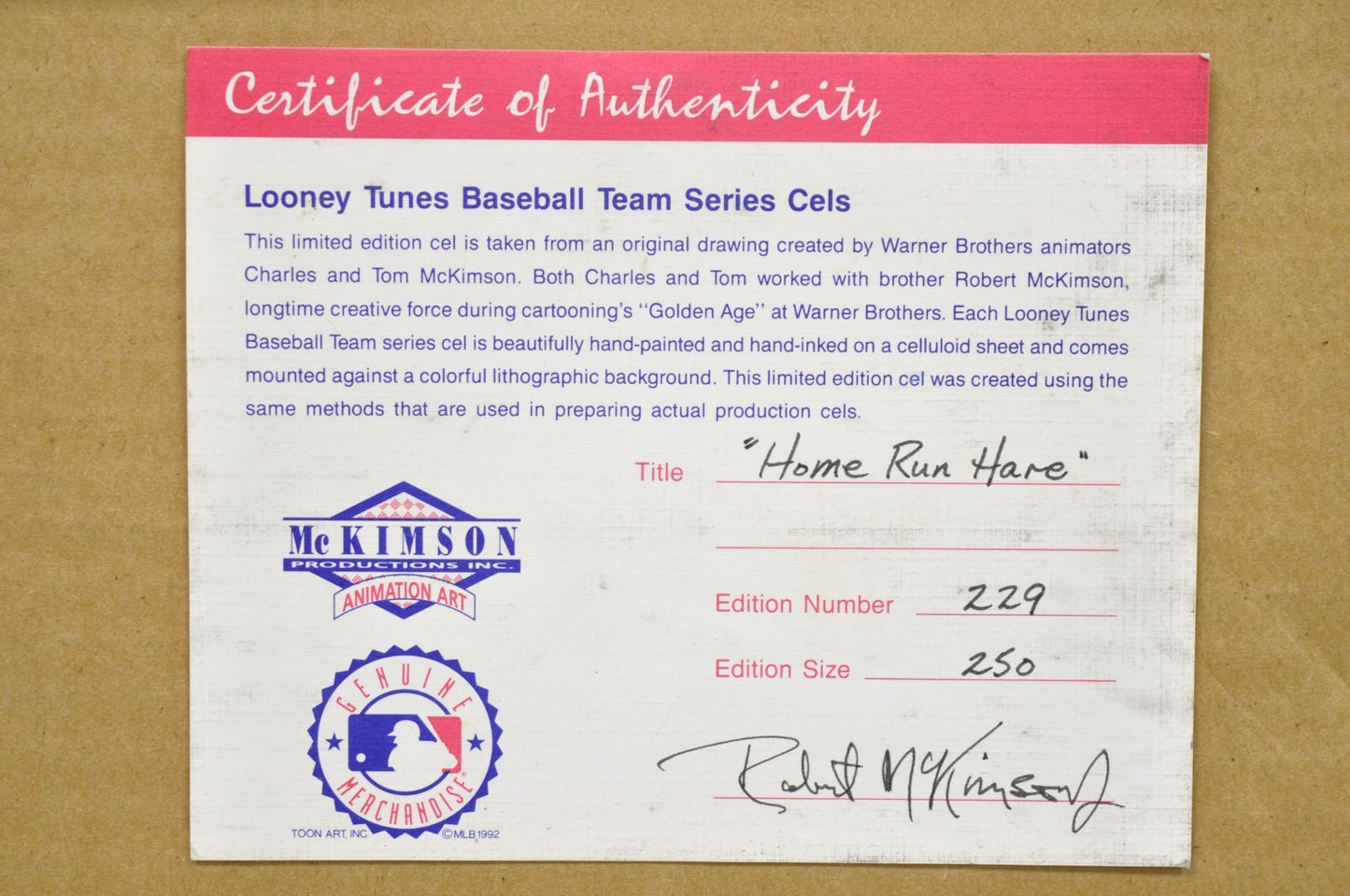 Vintage 1992 Warner Bros New York Yankees Artist Proof Cel Homerun Hare 229/250