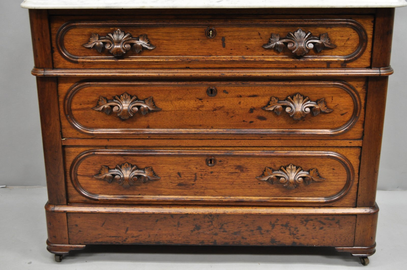Antique Eastlake Victorian Carved Walnut Marble Top Washstand Dresser w/ Mirror
