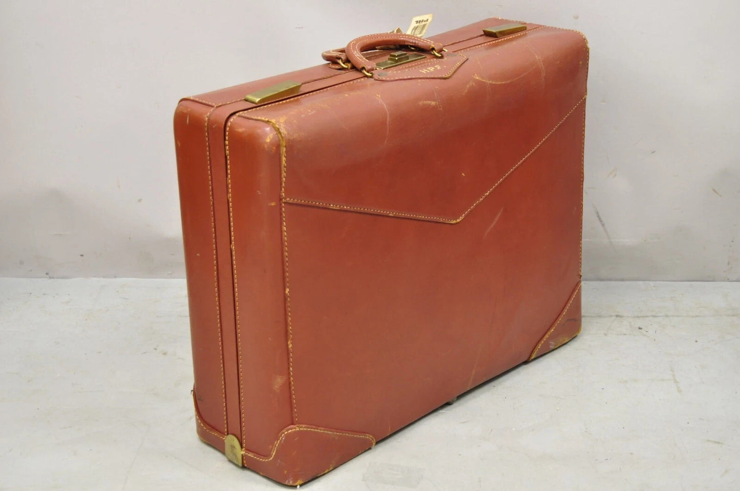 Vintage Mid Century Modern Brown Cowhide Leather 24" Suitcase Travel Luggage