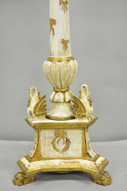 Antique Italian Hollywood Regency Cream Gold Giltwood Column Table Lamp w/ Swans