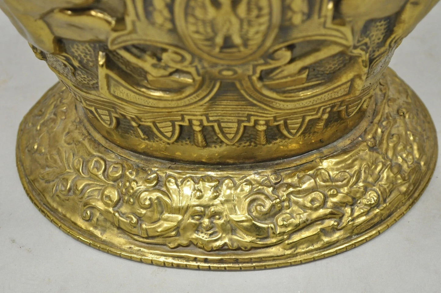 Antique English Renaissance Unicorn & Lion Brass Figural Coal Bucket Log Bin