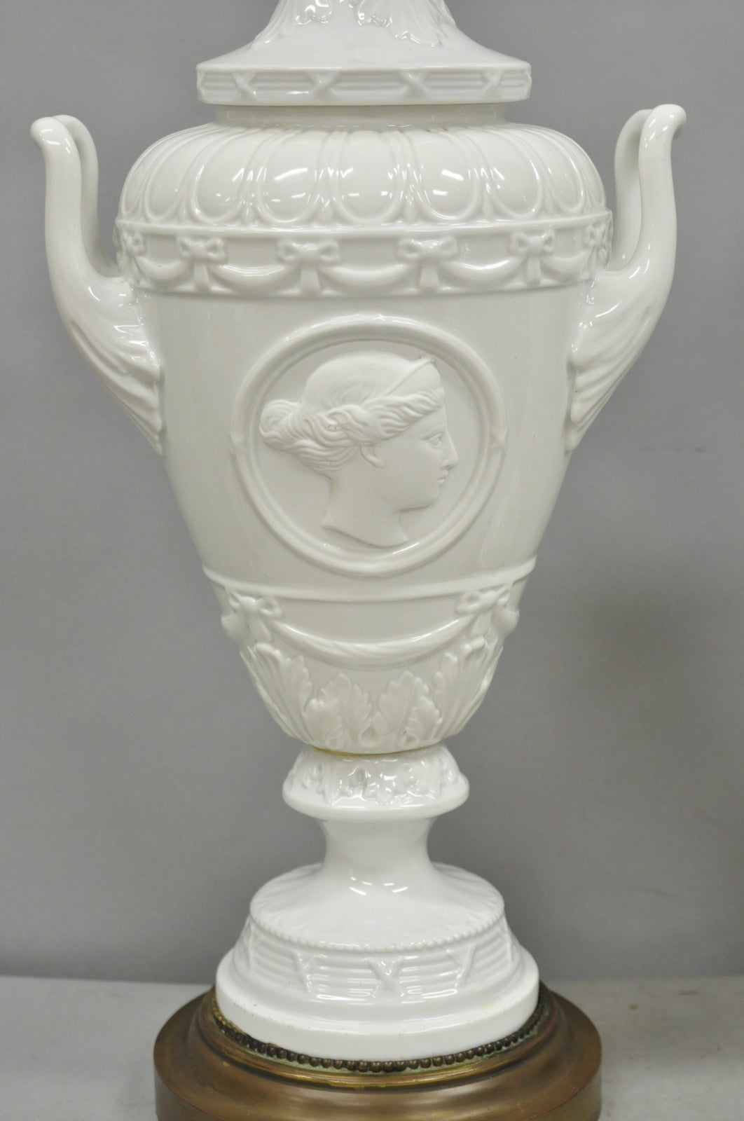 Antique Italian Neoclassical Greco Roman White Porcelain Urn Table Lamps - Pair