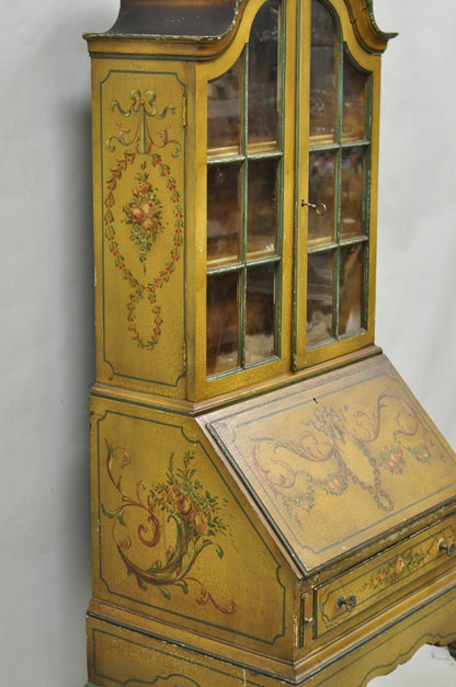 Antique English Adams Style Distress Hand Painted Narrow Secretary Writing Desk