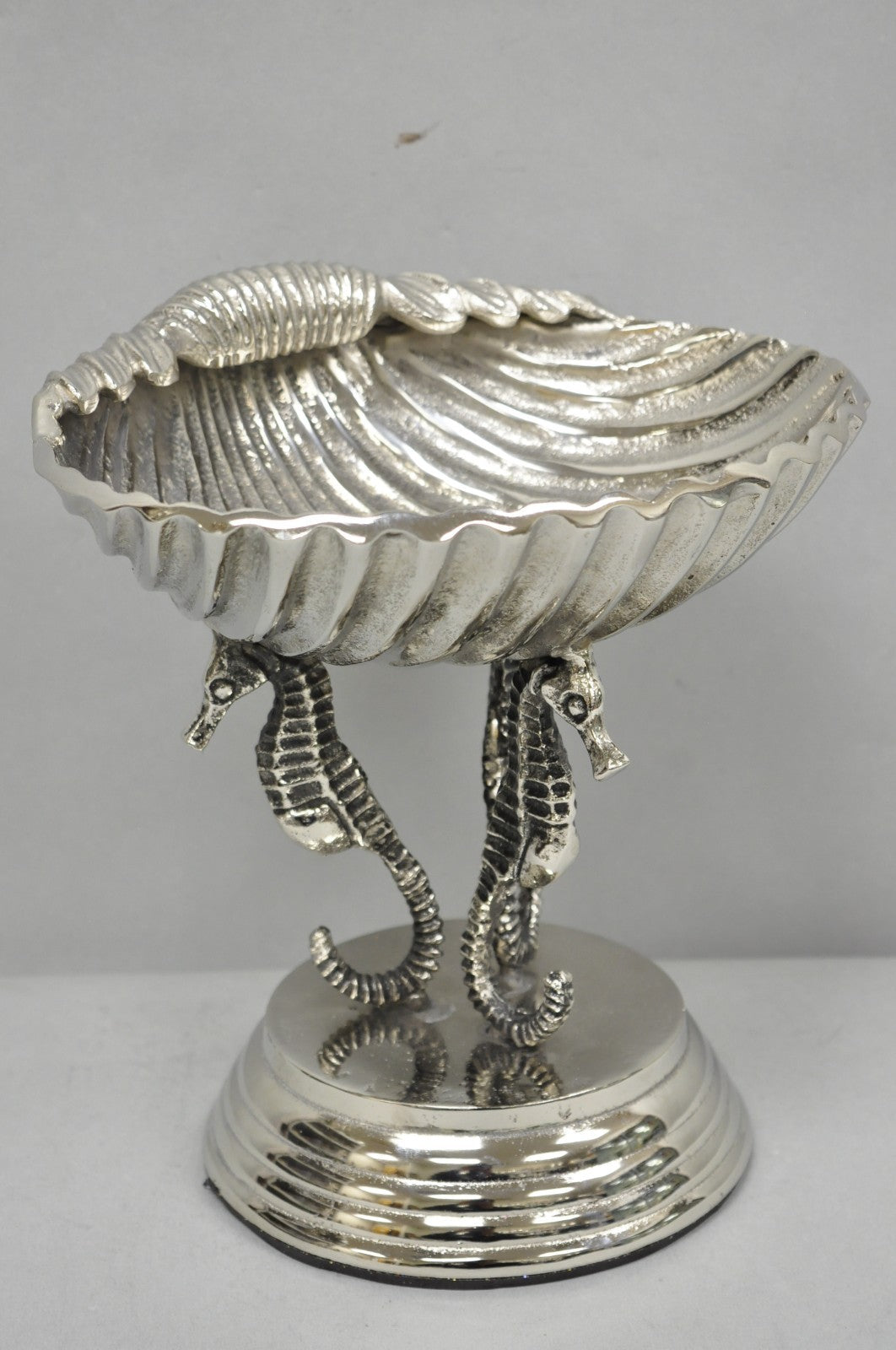 Decorative Nautical Silver Plated Seahorse Clamshell Pedestal Compote Candy Dish