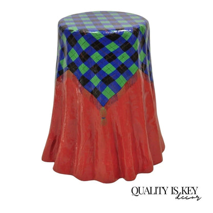 Vintage Paper Mache Red Blue Green Tartan Painted "Tablecloth" Drape Side Table