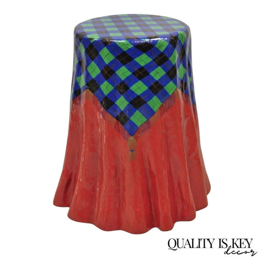 Vintage Paper Mache Red Blue Green Tartan Painted "Tablecloth" Drape Side Table