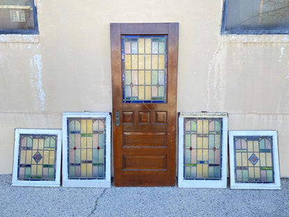Antique Art Deco Leaded Stained Glass Pink Green Blue Yellow Windows - a Pair