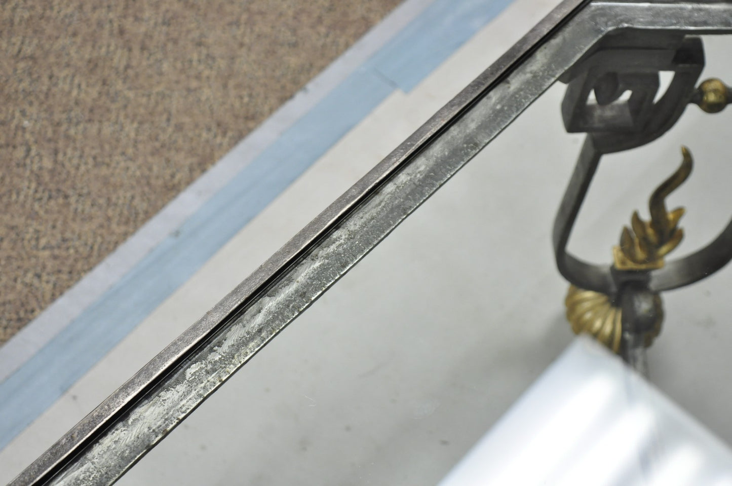 Vintage French Neoclassical Large Wrought Iron & Glass "Flame" Coffee Table