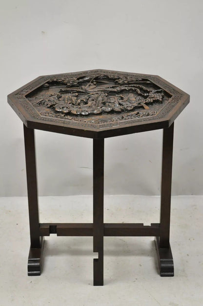 Antique Chinese Carved Hardwood Folding Gate Leg Table with Figural Carvings