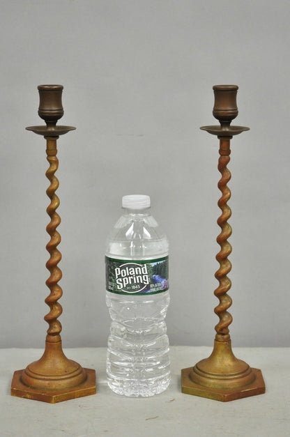 Vintage English Regency Small Patinated Bronze Barley Twist Candlesticks a Pair
