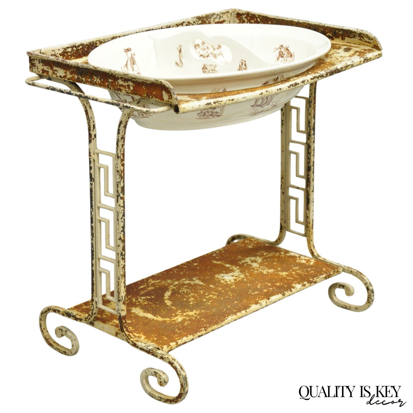Antique French Victorian Child's Wrought Iron Wash Stand w/ K&G Luneville Basin