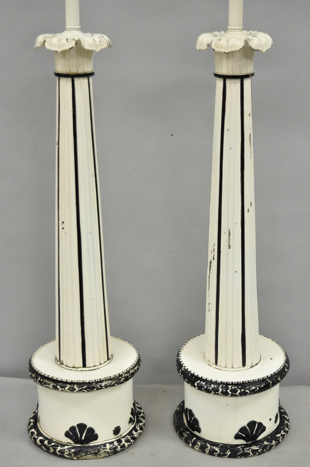 Vintage Hollywood Regency Lotus Leaf Black & White Metal Column Table Lamps Pair