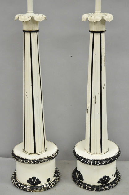 Vintage Hollywood Regency Lotus Leaf Black & White Metal Column Table Lamps Pair