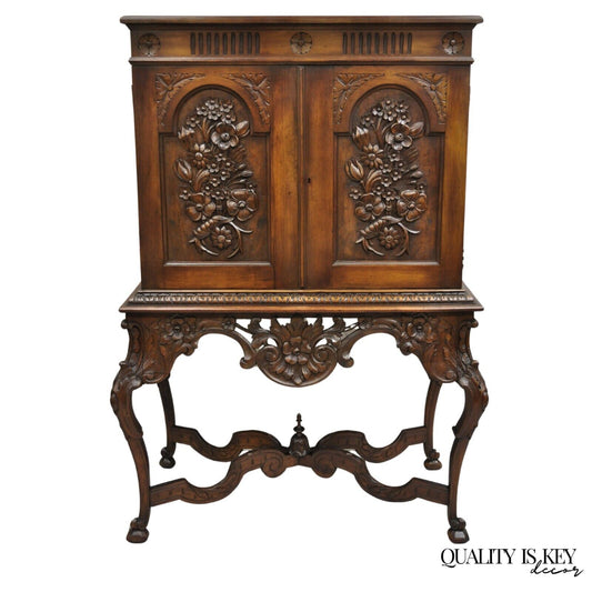 Antique French Renaissance Flower Carved Walnut China Cabinet Radio Bar Cabinet