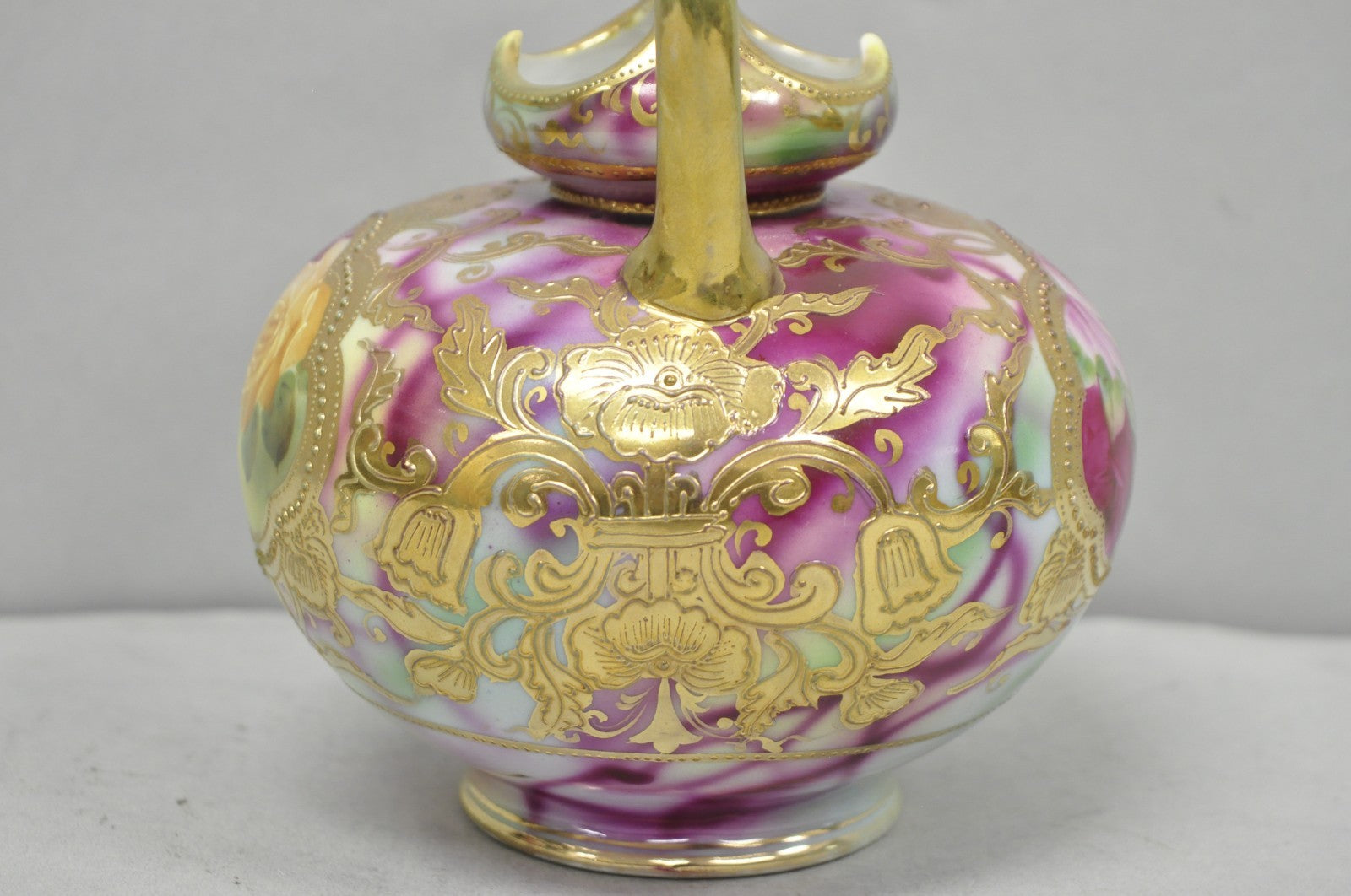 Antique Austrian Hand Painted Moriage Porcelain Double Swung Handle Bulbous Vase
