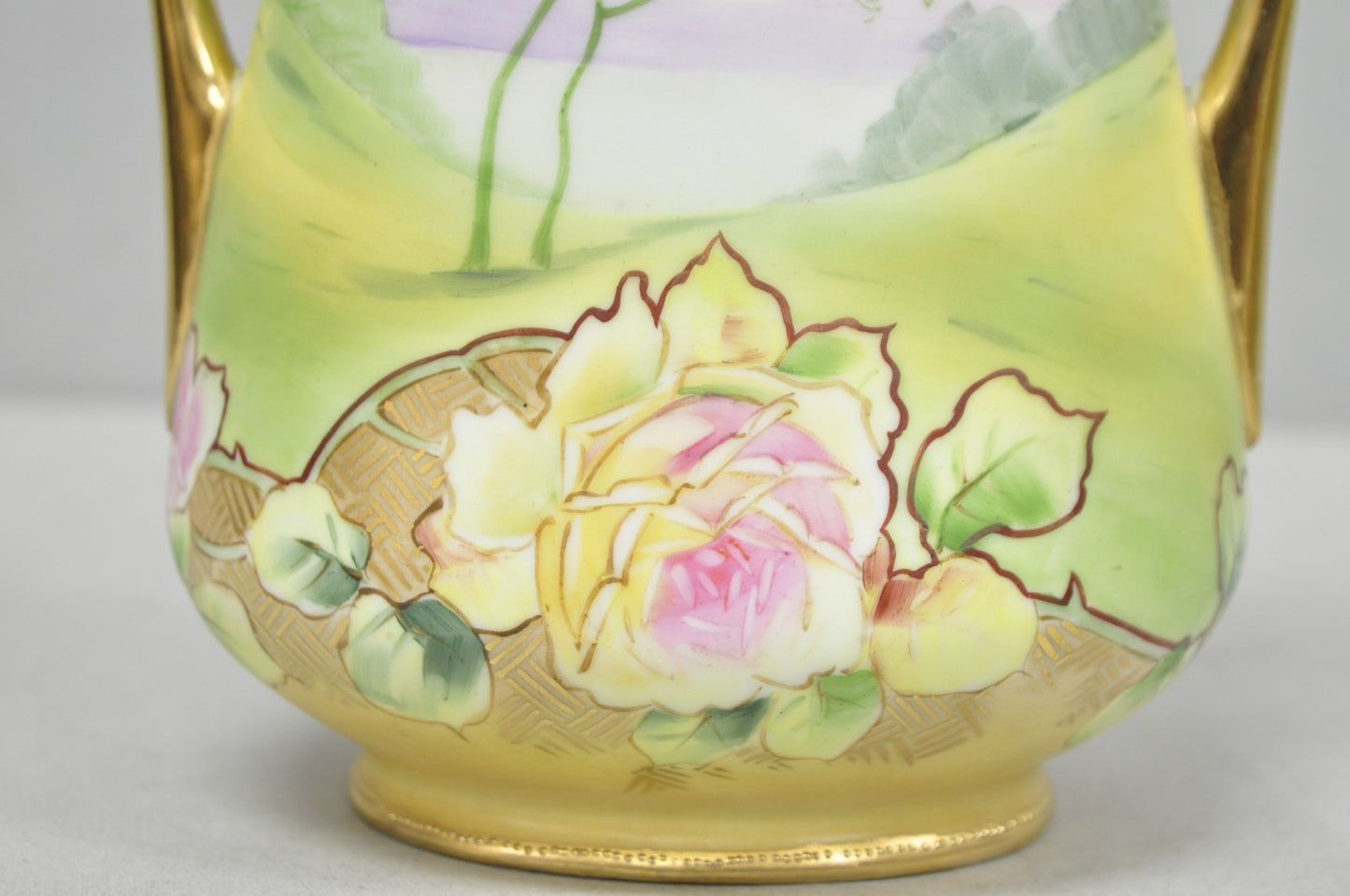 Antique Nippon Hand Painted Porcelain Twin Handle Vase w /Flowers & Lake Scene