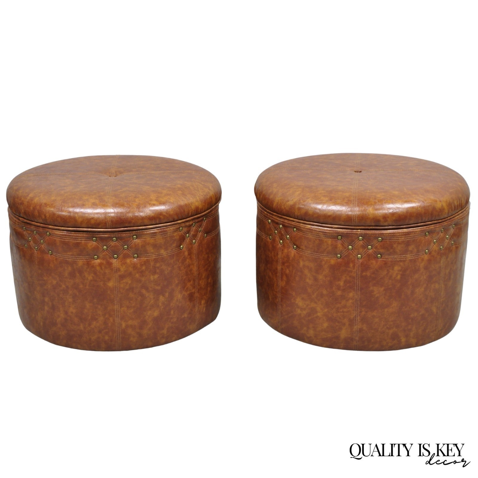 Contemporary Modern Moroccan Style Brown Faux Leather Round Storage Ottoman Pair